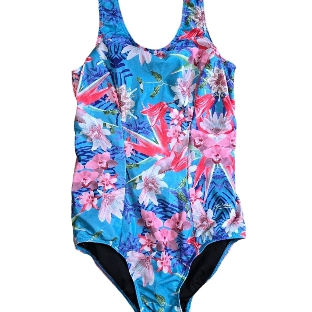 Vintage 90s Blue Pink Tropical Floral One Piece Swimsuit